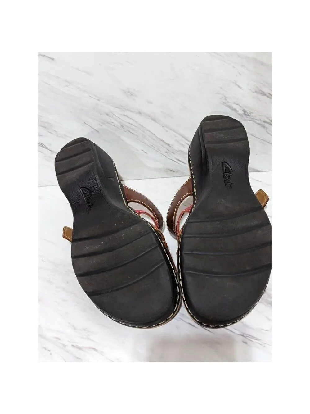 Clarks Women's Brown Soft Step Strappy Wedge Leather Comfort Sandals Size 7